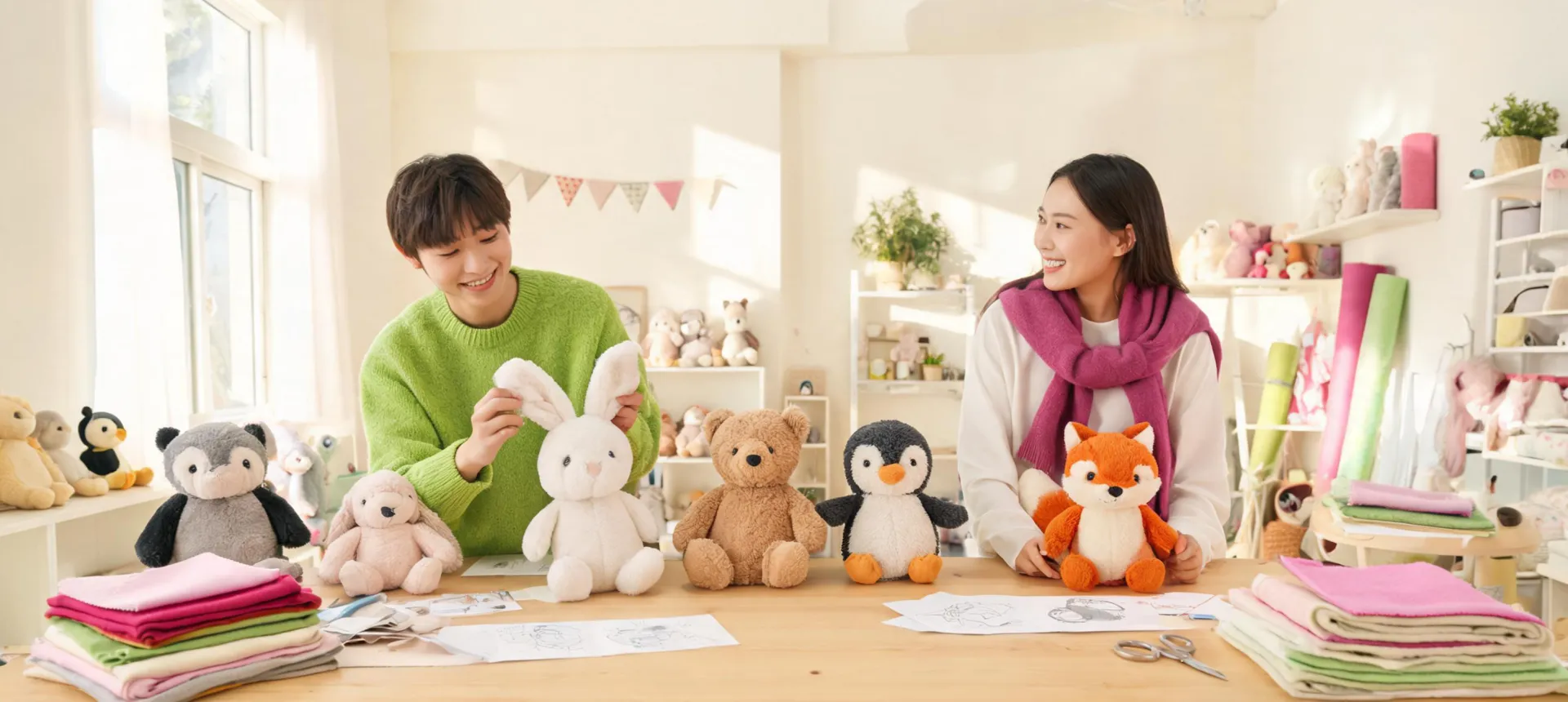 Aurora World plush design team arranging soft toy characters