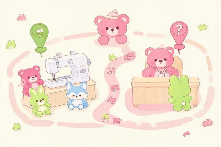 Illustrated Aurora World contact map and plush studio