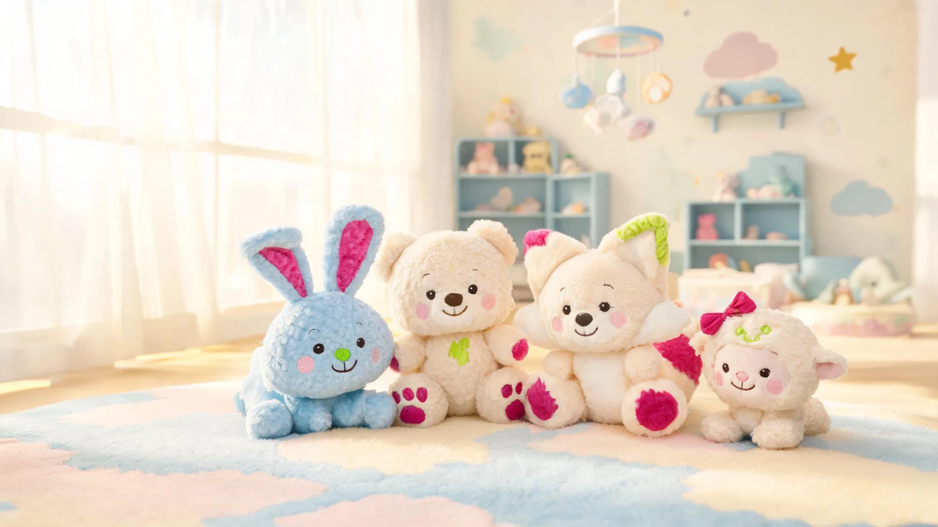 Aurora World plush friends in a cozy playroom