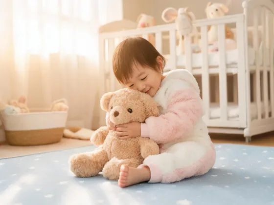Toddler carrying plush puppy