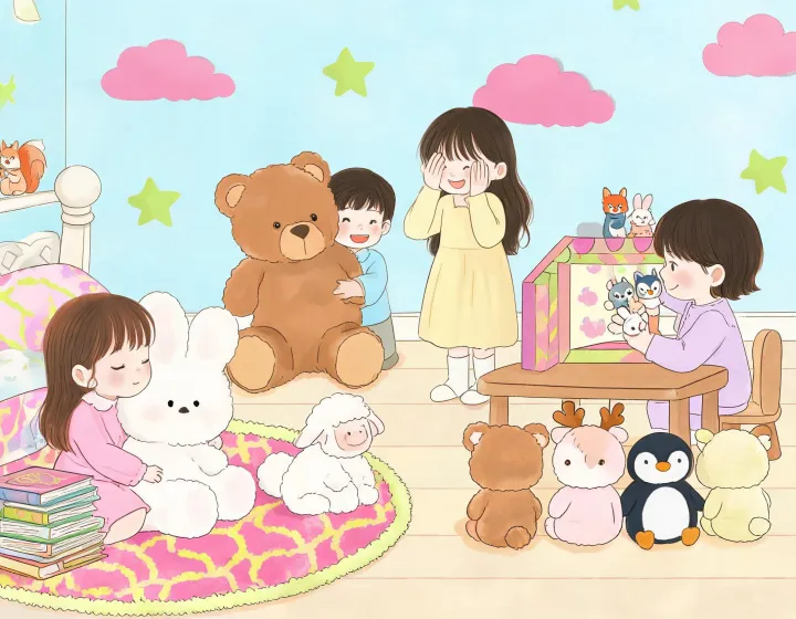 Illustrated plush play ideas scene